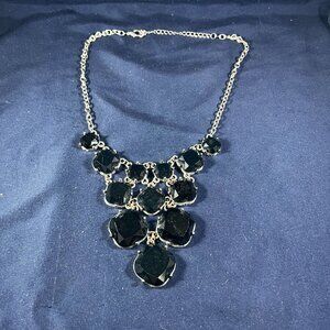 Black Faceted Statement Necklace With Silver Tone Chain & Adjustable Lobster Cla